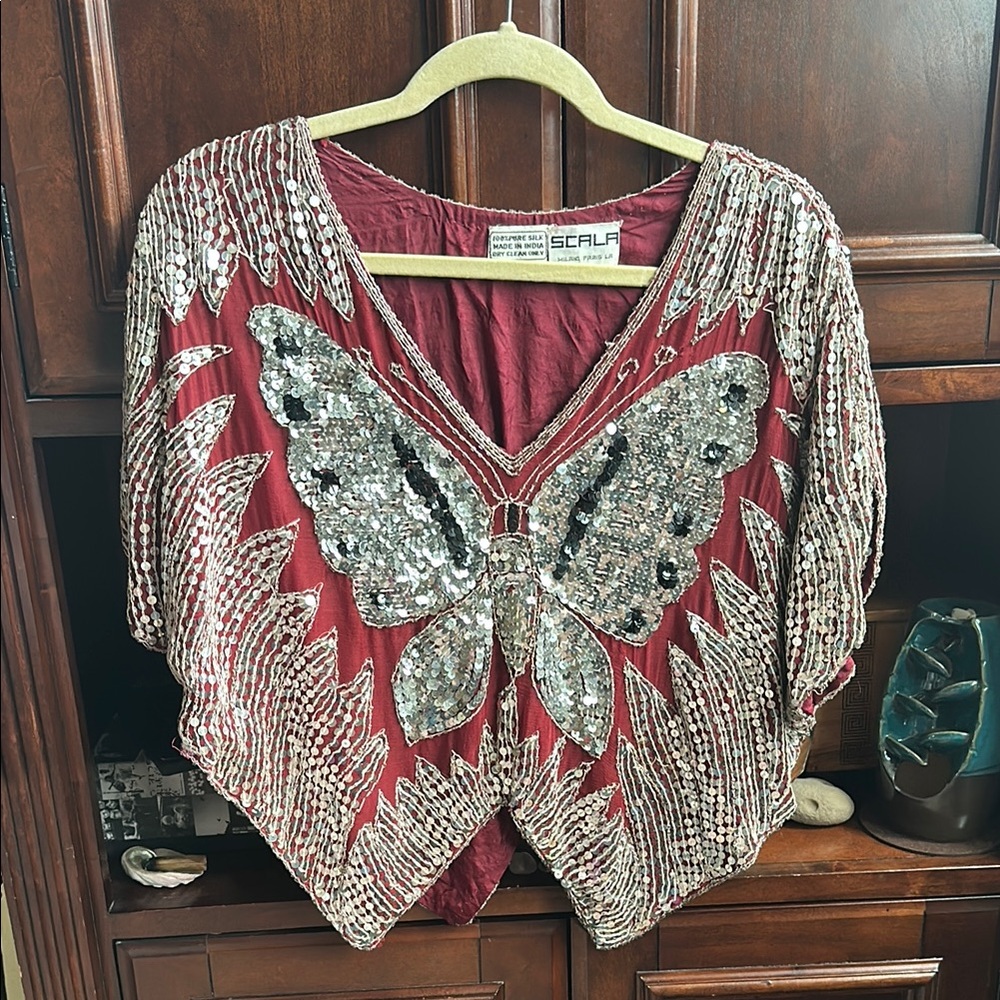 Scala Burgundy Sequin Butterfly Top